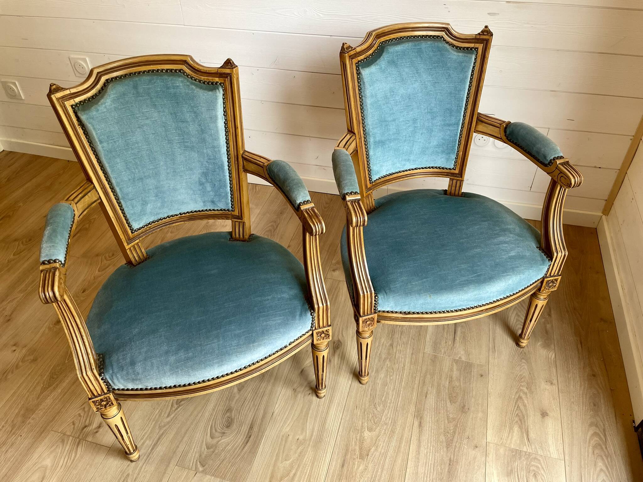Pair of Louis XVI vintage cabriolet armchairs in duck blue velvet and wood.