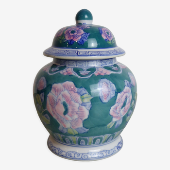 Green, pink and blue Chinese pot or vase