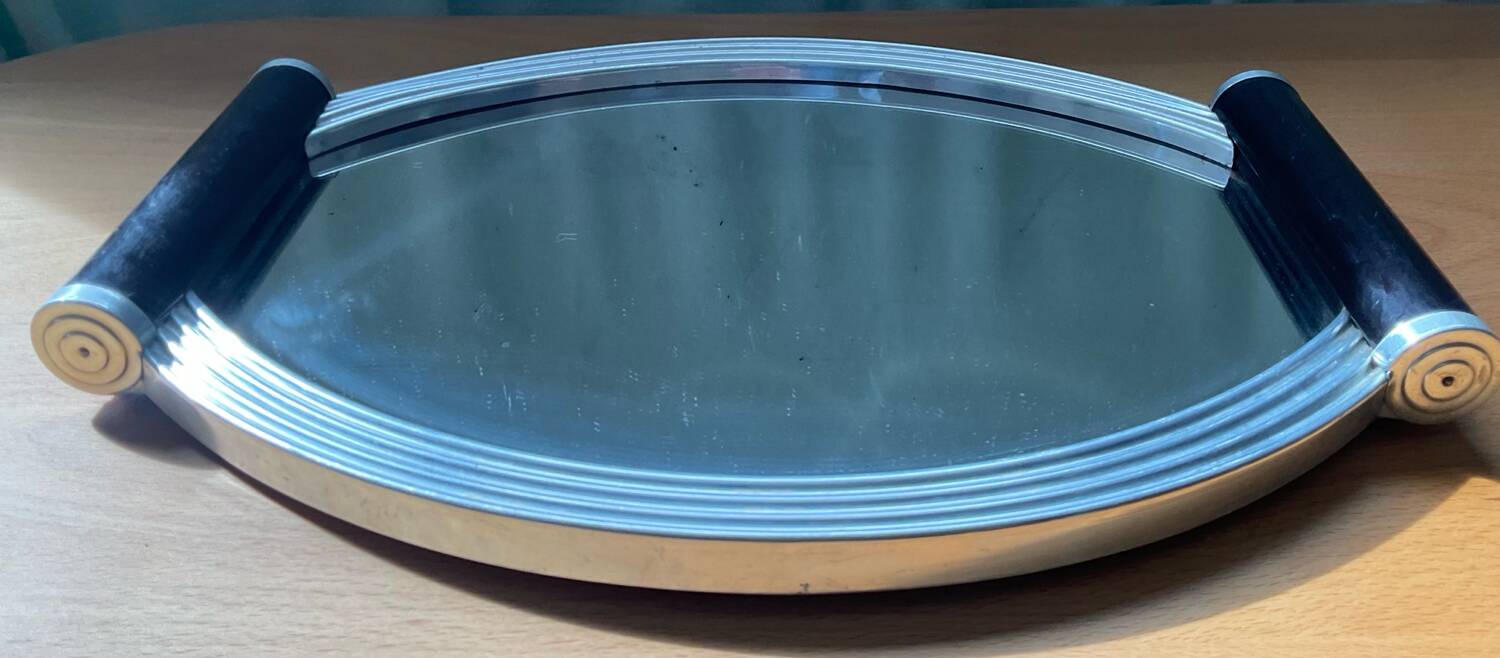 Plateau Art déco miroir aluminium et bois