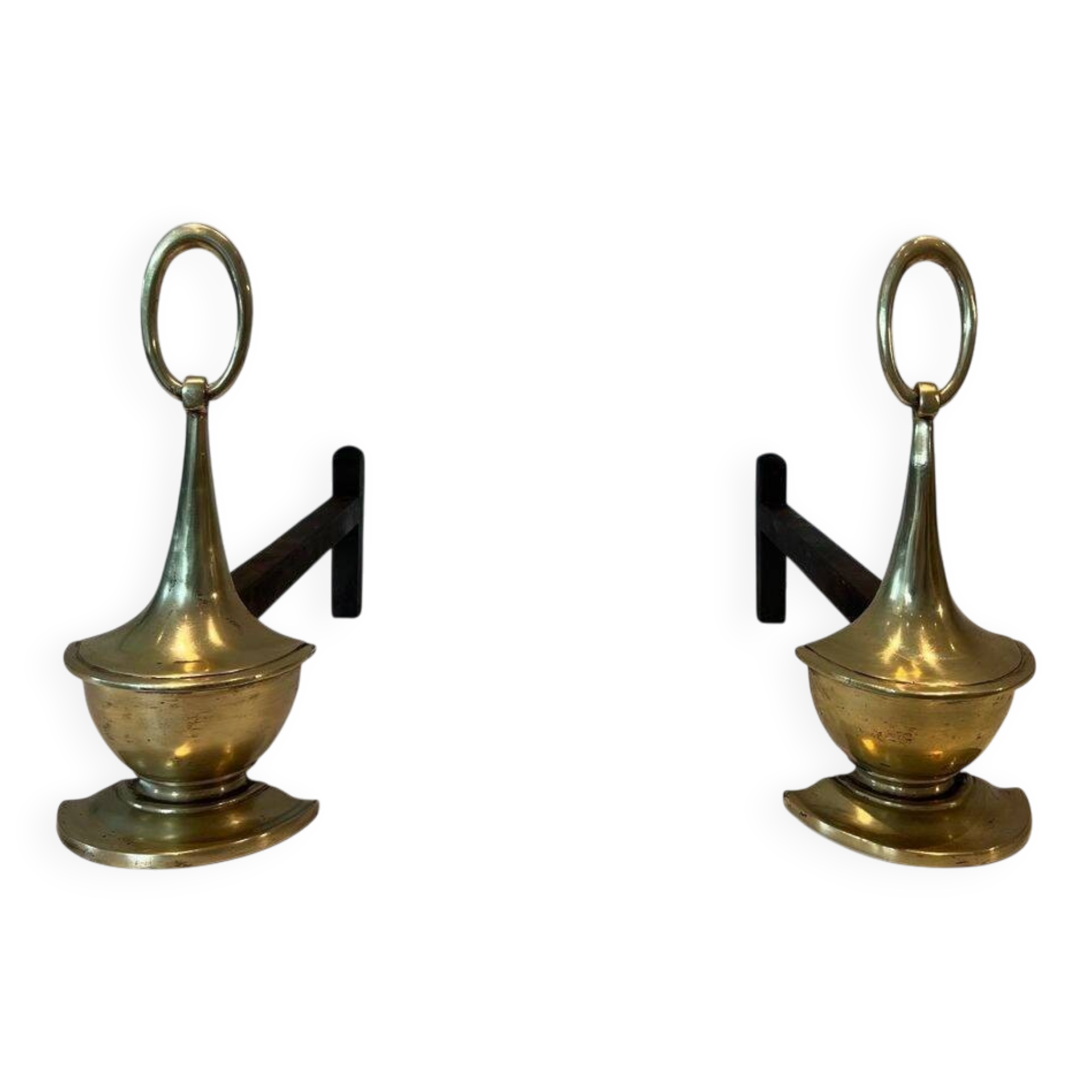Pair of Bronze Chenets in Neoclassical Style in the Form of an Oil Lamp