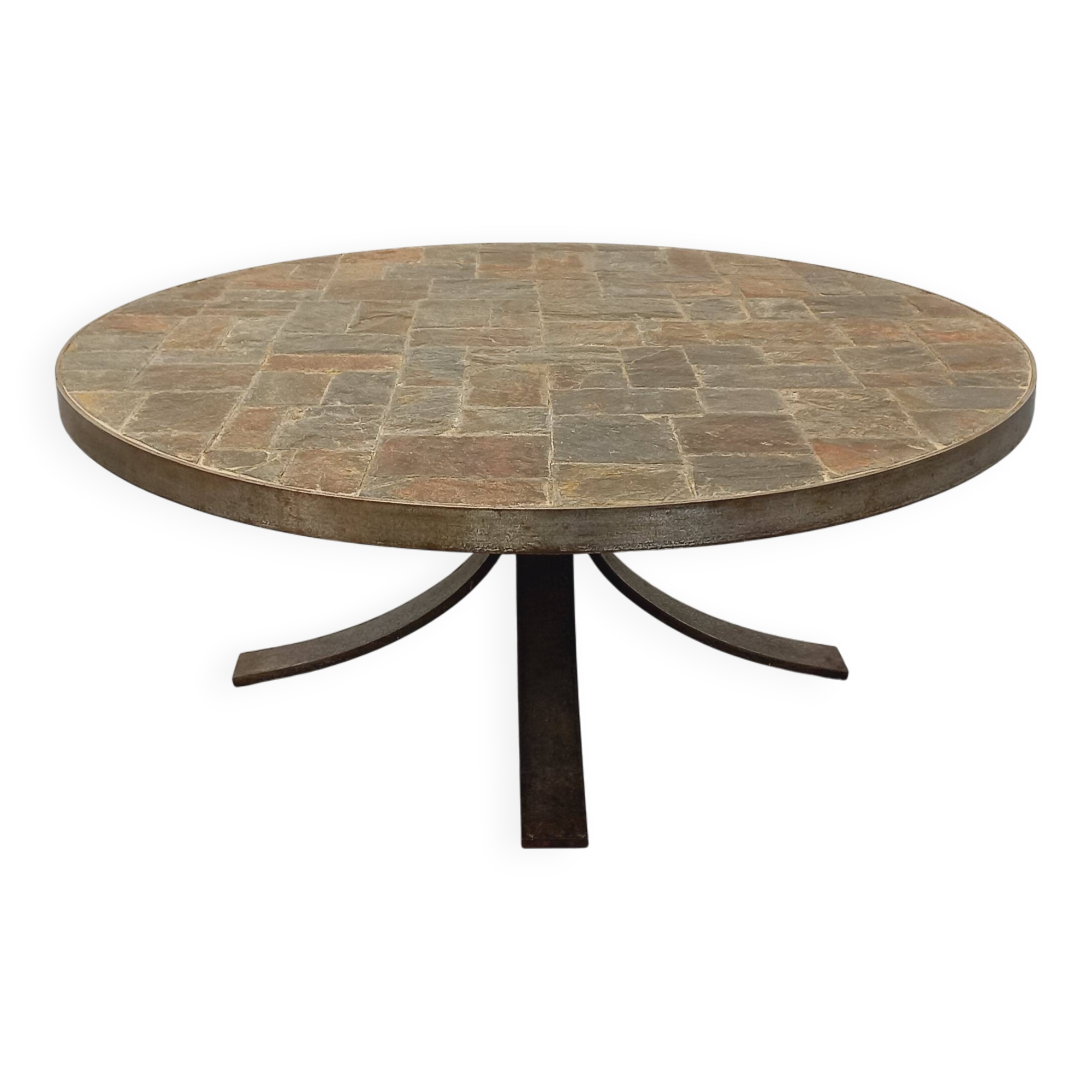 Vintage brutalist round coffee table in metal and slate from the 70s