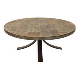 Vintage brutalist round coffee table in metal and slate from the 70s