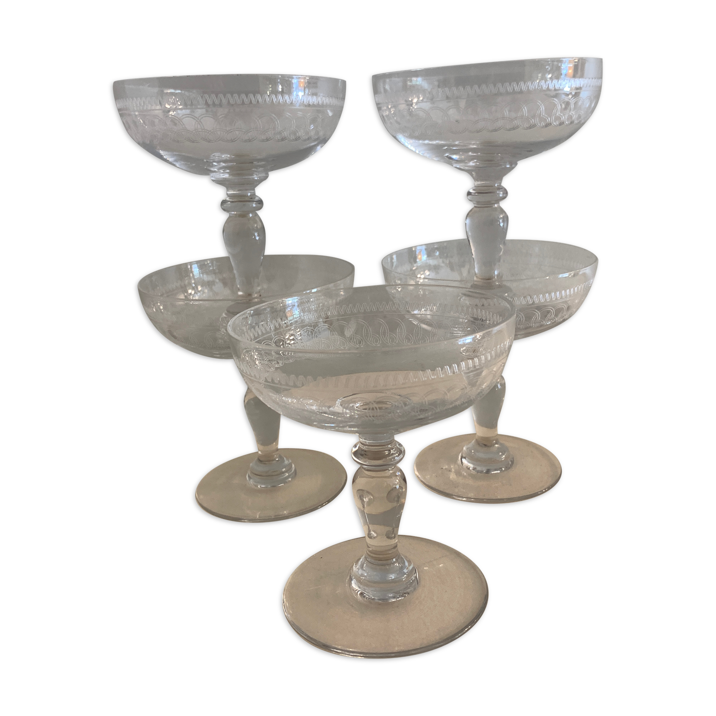 5 antique champagne glasses in engraved crystal