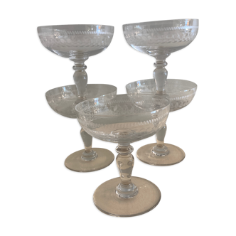5 antique champagne glasses in engraved crystal