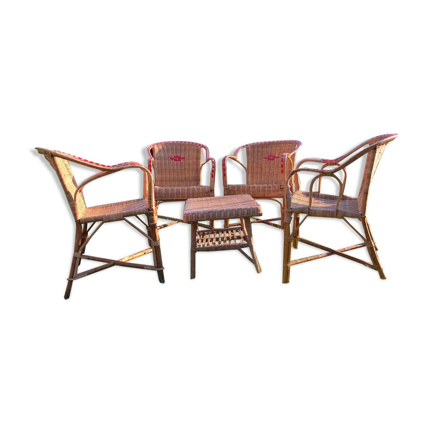 Rattan garden armchairs and coffee table