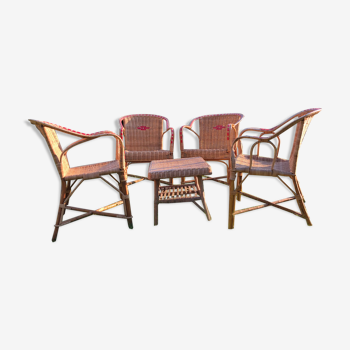 Rattan garden armchairs and coffee table