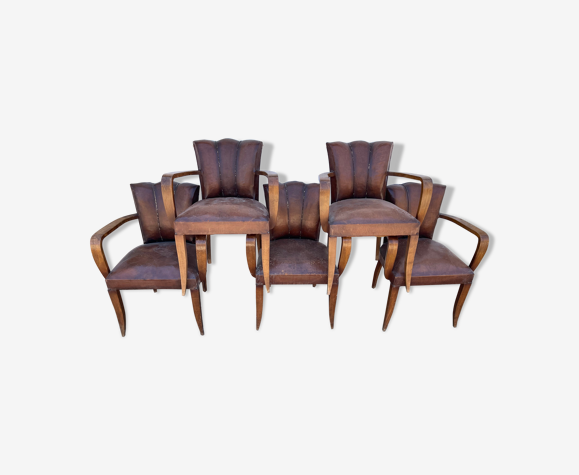 Lot de 5 fauteuils bridge en cuir époque art déco