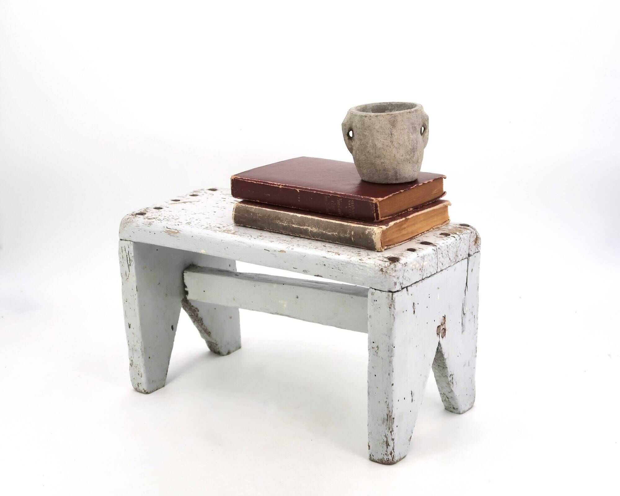 Small grey bench or wooden step stool, plant stand from the 1950s.