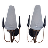 2 50s wall lights in gilded brass and opaline tulip