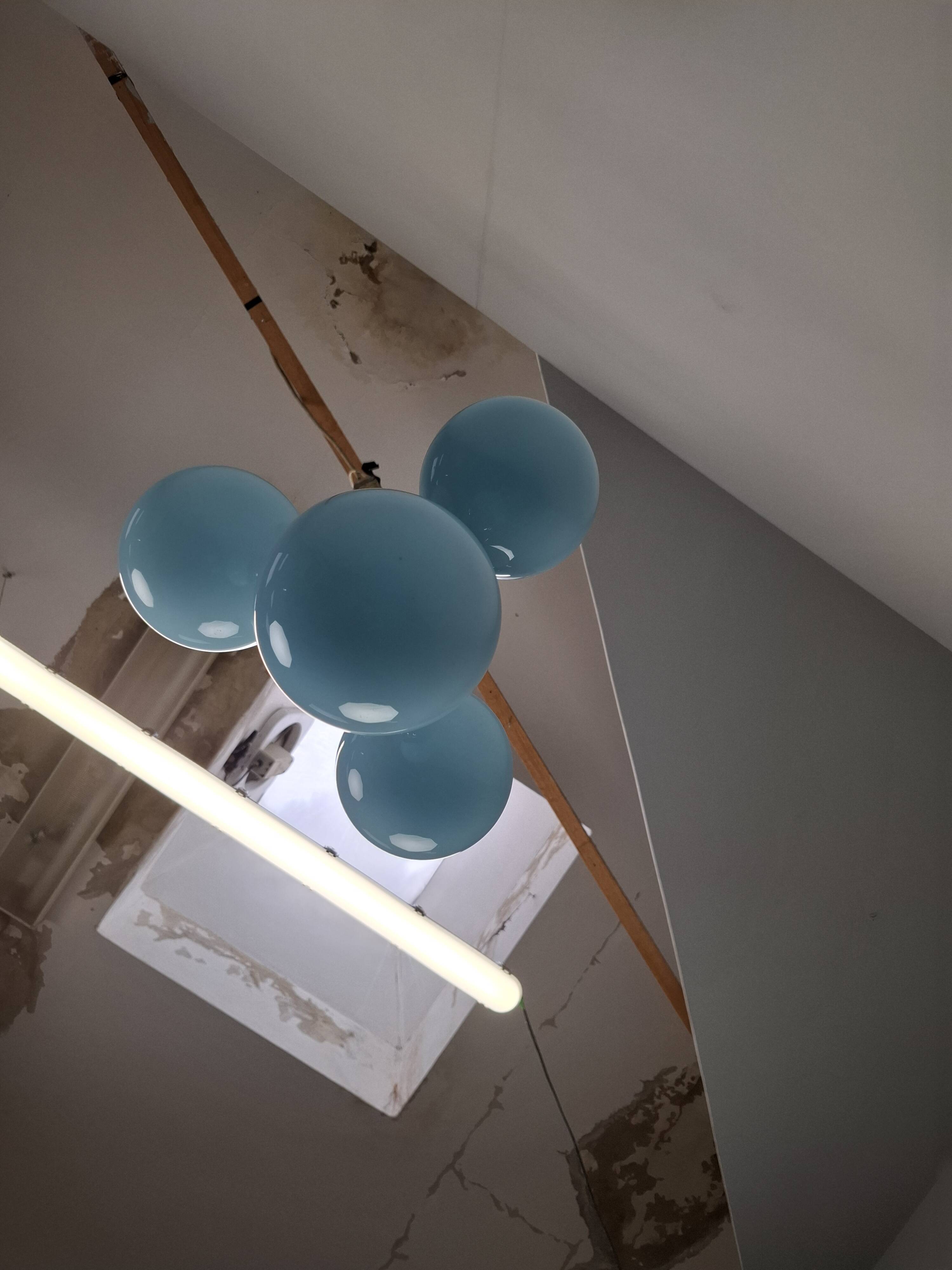 1930s Czech Art Deco Blue Opaline Glass and Chrome Four-Light Chandelier