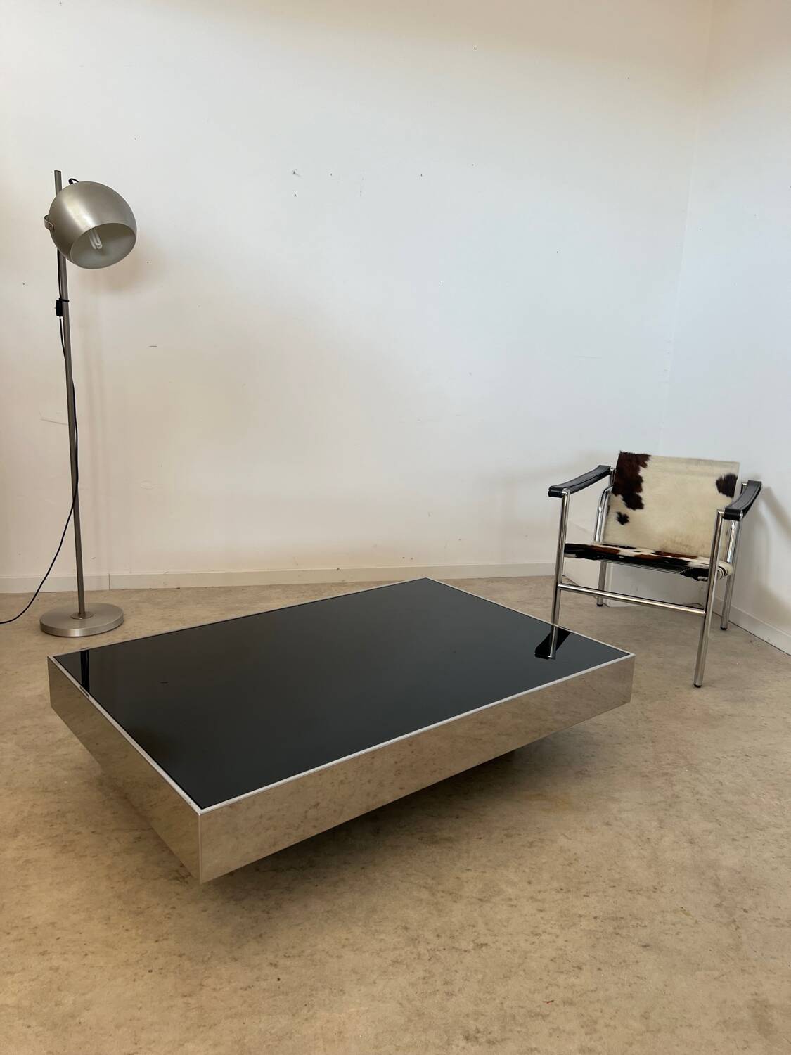 Old glass and chrome coffee table Italian design from the 70s vintage