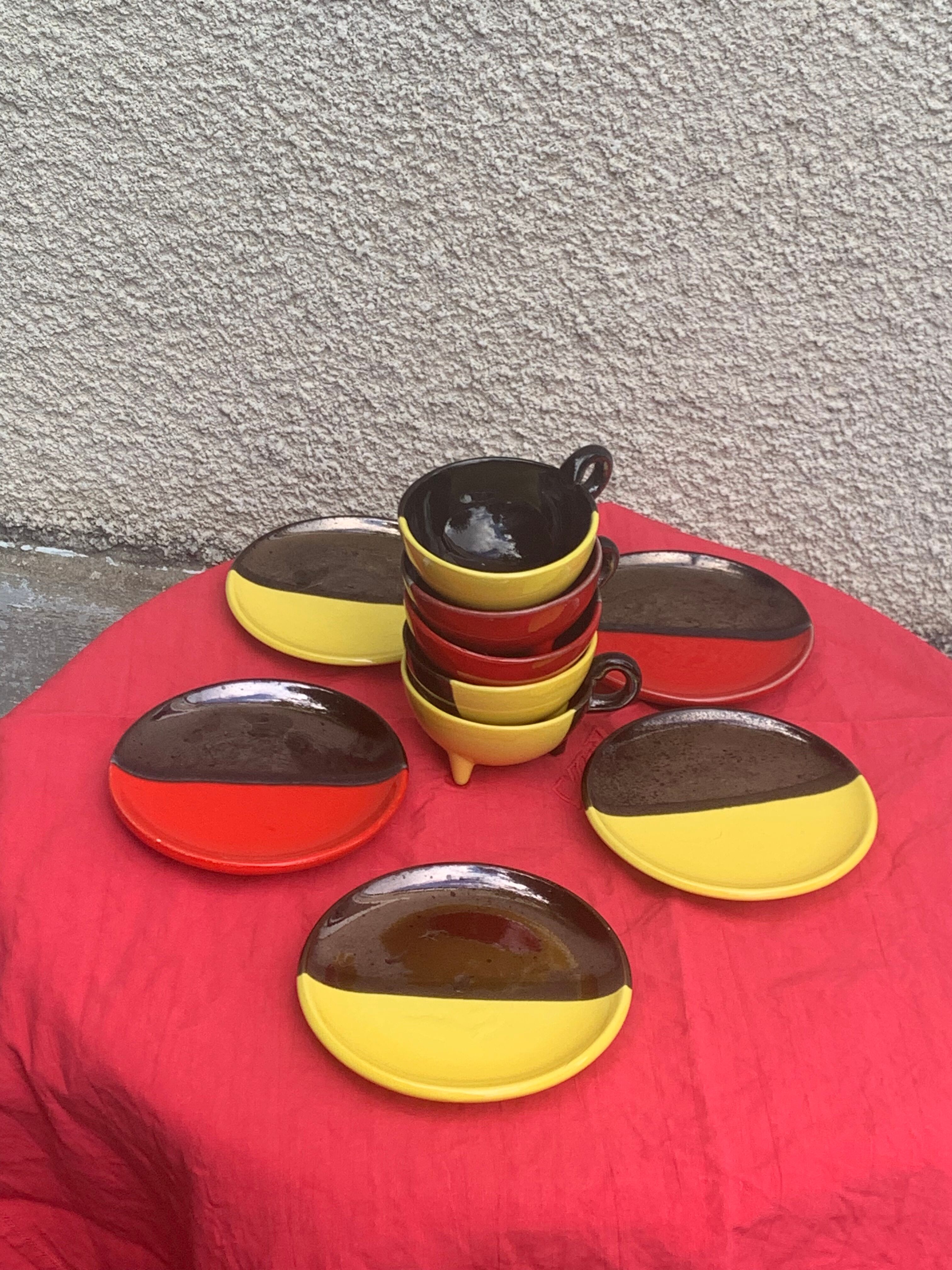 5 cups and 5 saucers signed Luc vallauris vintage