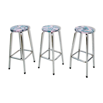 Set of 3 chrome tubular steel bar stools