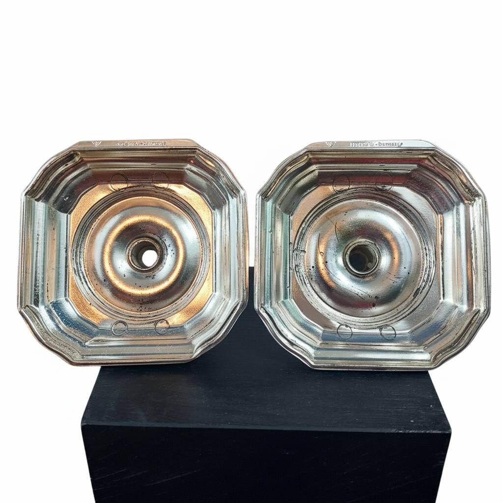 Pair of hurricane lamps – Silver-plated metal and glass.