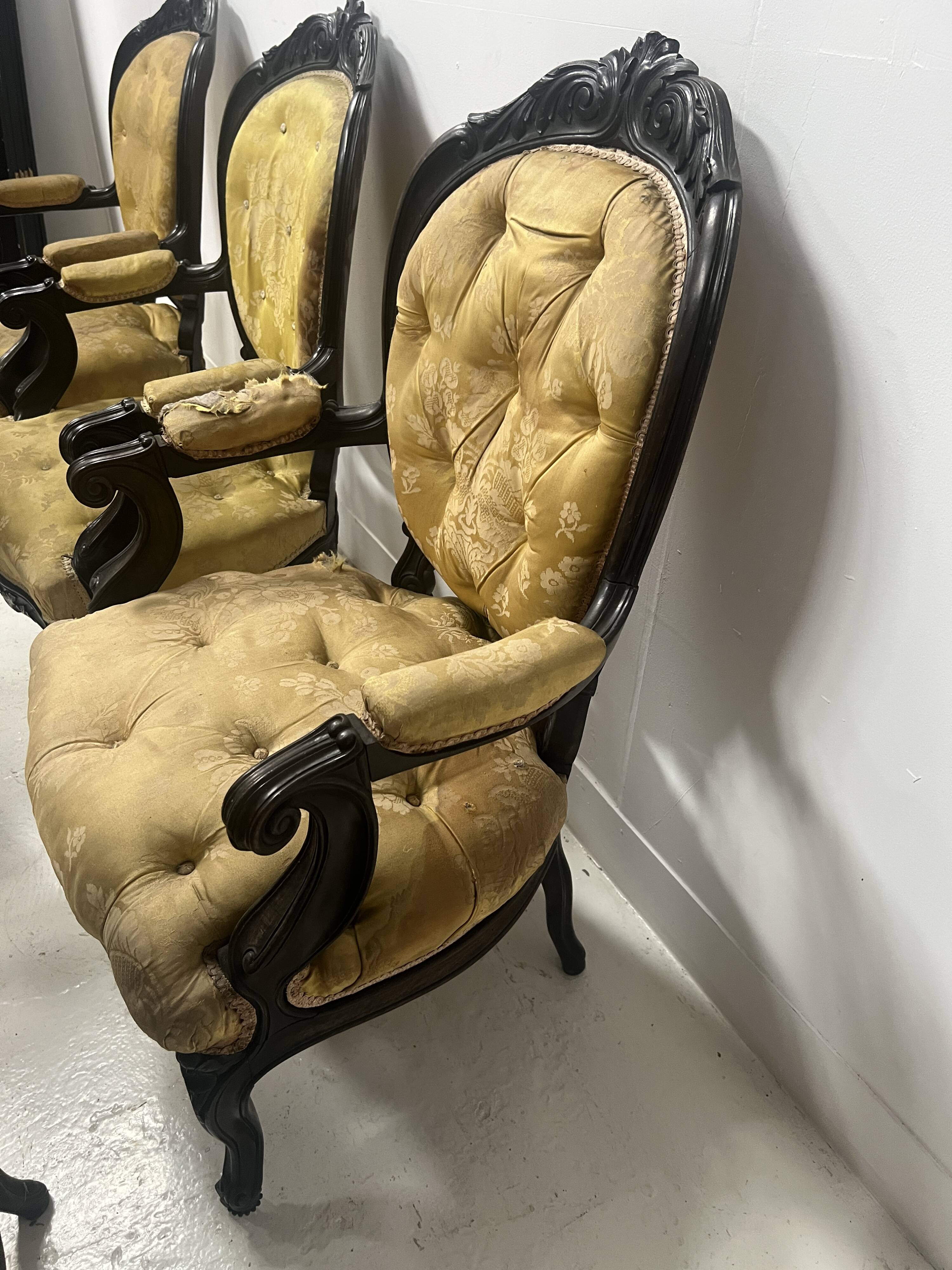Set of eight Napoleon III style Louis XV armchairs in rosewood, 20th century.
