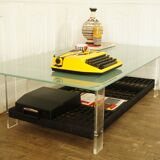 Rattan coffee table, plexiglass, frosted glass - chrome