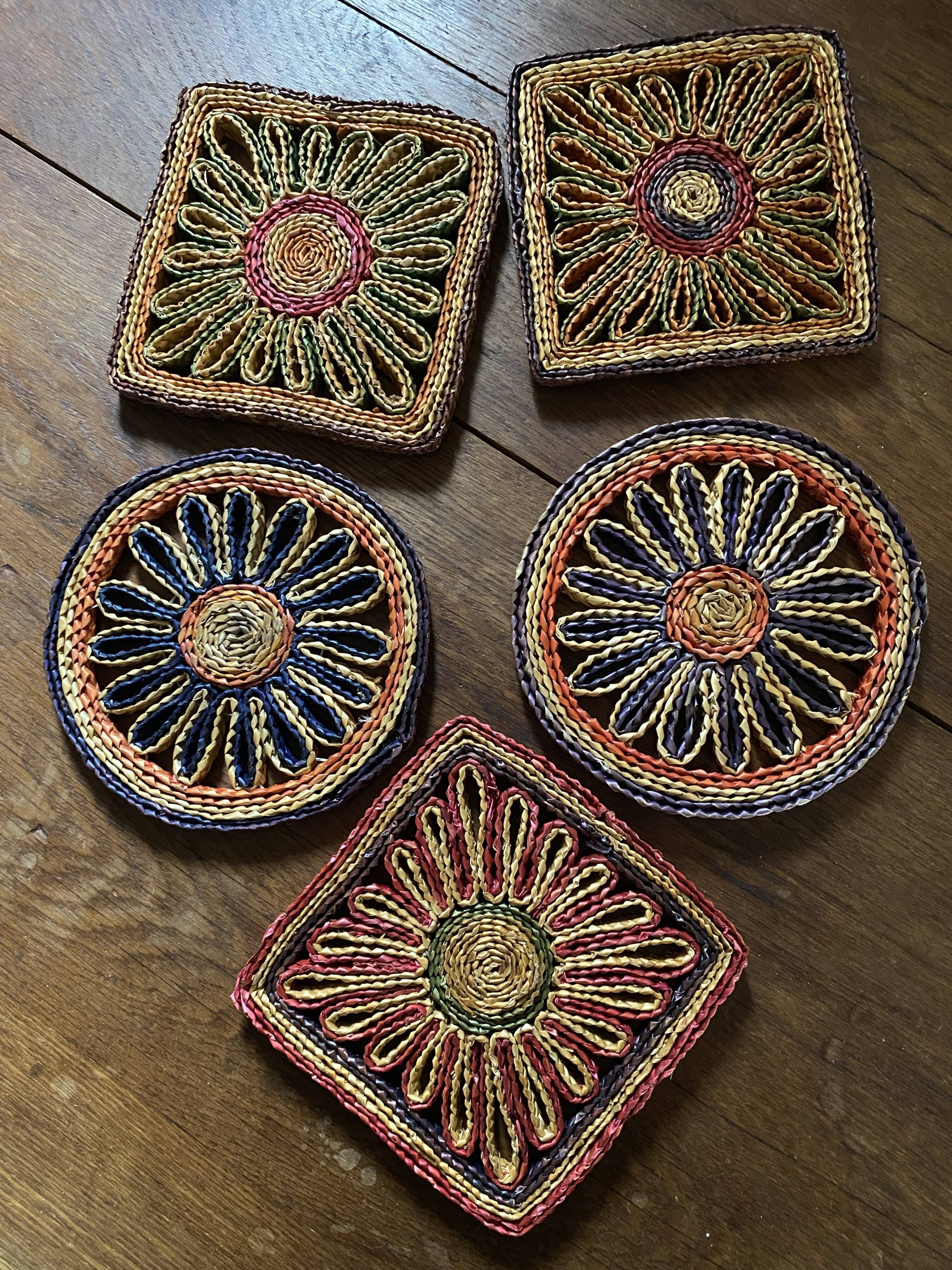 5 braided straw coasters bohemian style