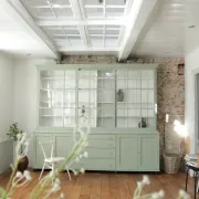 Large green display cabinet with sliding doors – two-part buffet, 219 cm
