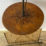 Wrought iron floor lamp with magazine holder and sisal shade, 1950s