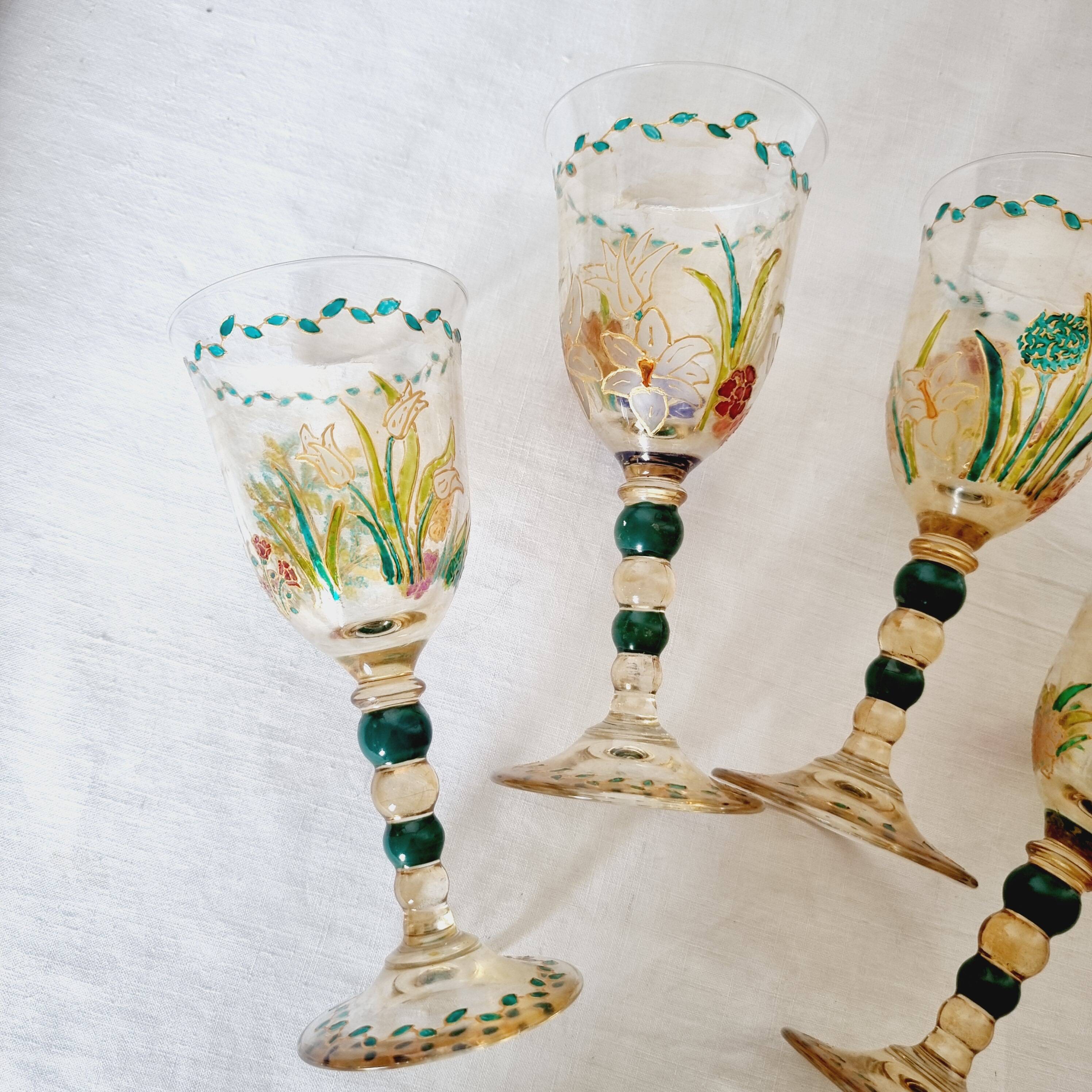 Set of 4 antique hand painted glass water or wine glasses with details inspired by the style