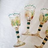 Set of 4 antique hand painted glass water or wine glasses with details inspired by the style