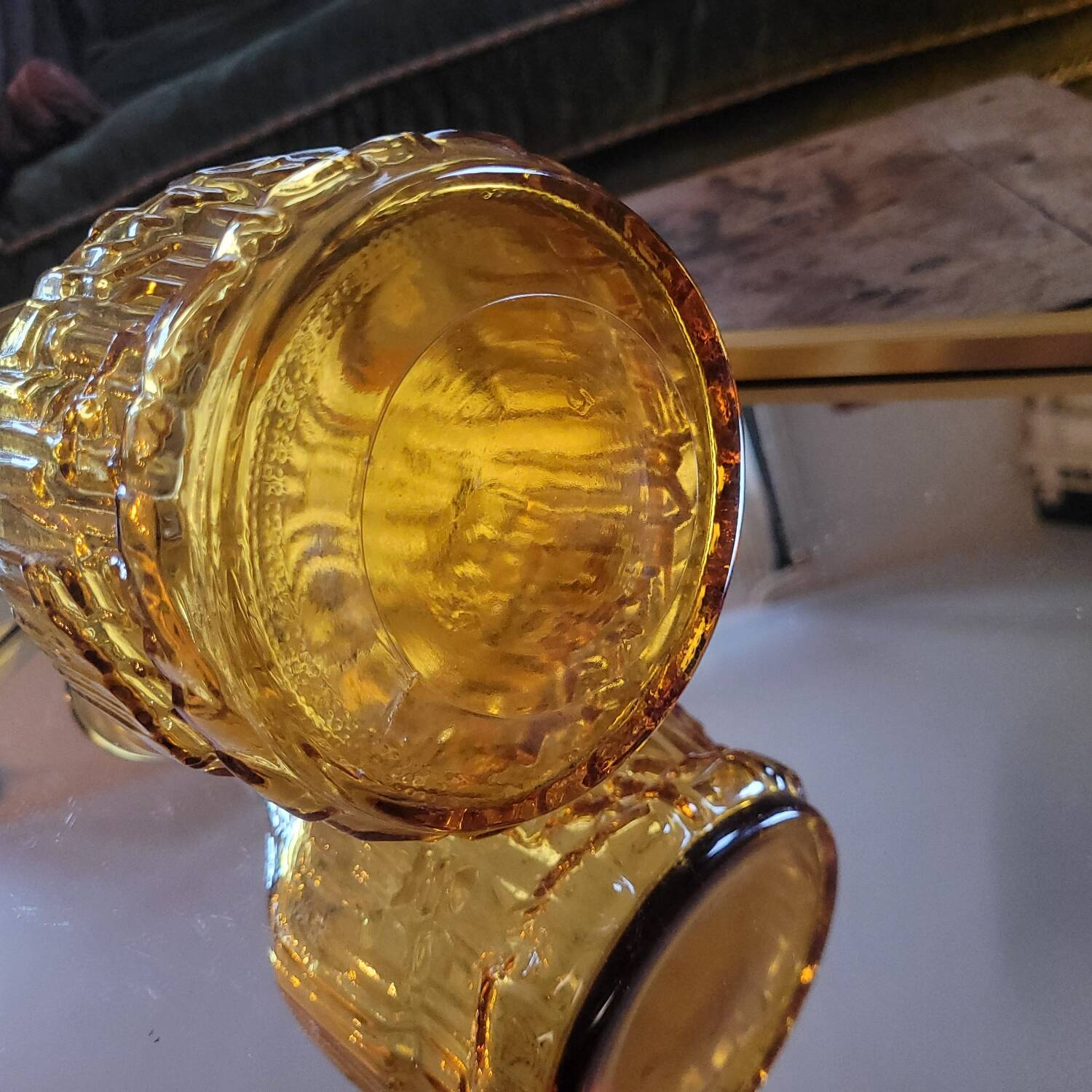 Amber relief glass pitcher. 1970s