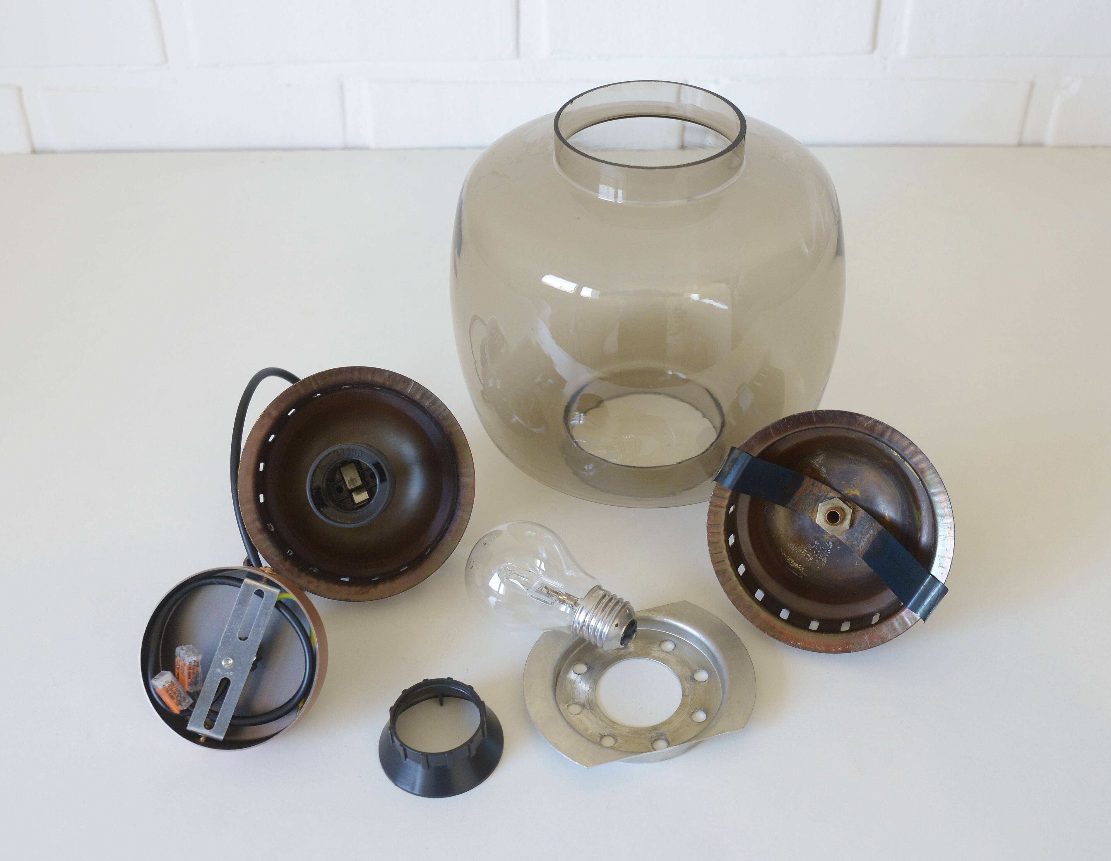 Vintage Copper Pendant Light Amber Glass Mid Century Modern Ceiling Lanter