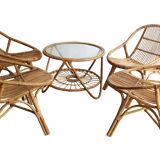 1960's Set of Four Rattan Armchairs and Side Table by Jaroslav Prochazka for ULUV