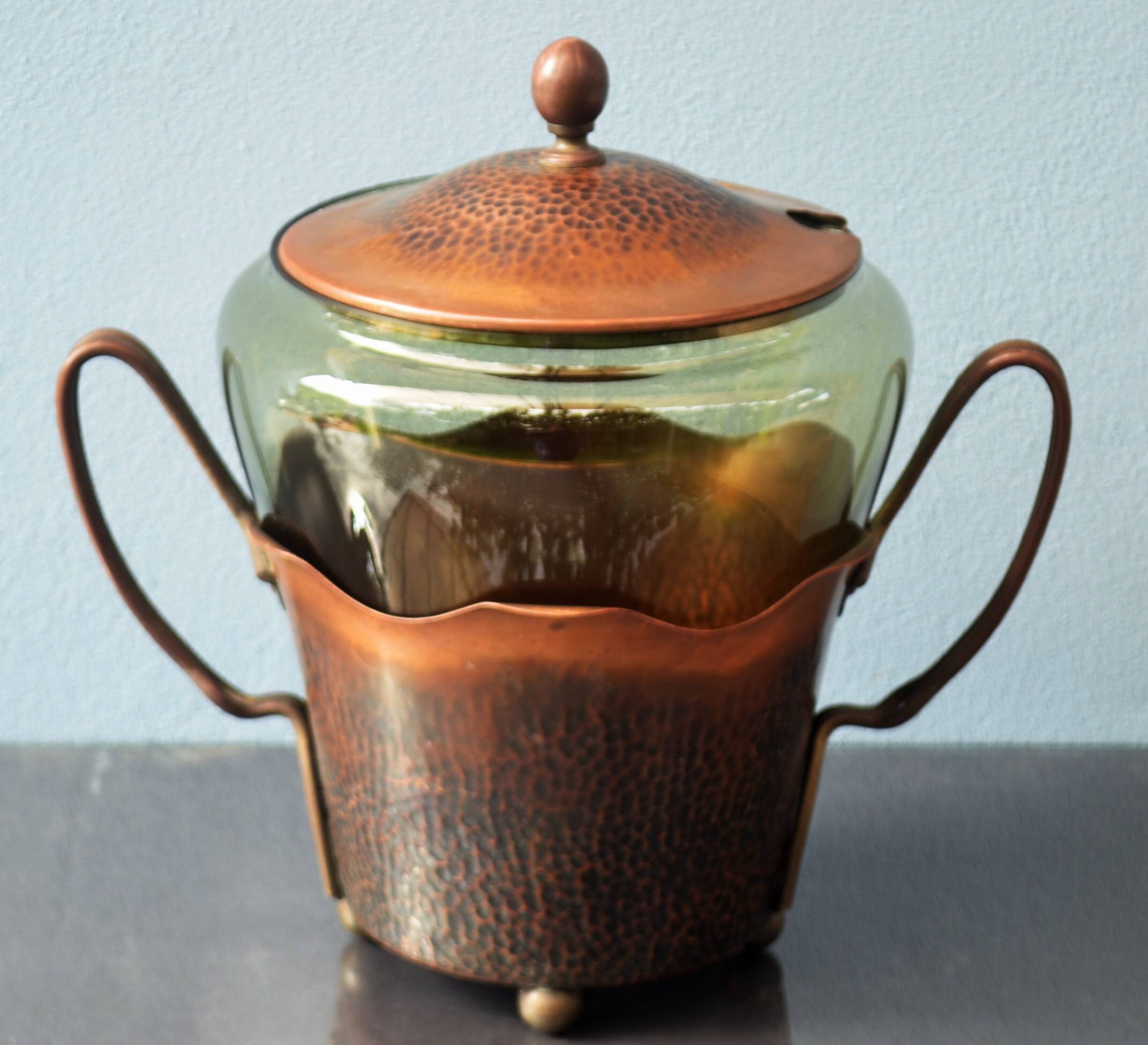 Art Nouveau Smoked Glass Punch Bowl Copper Crafted by Carl Deffner