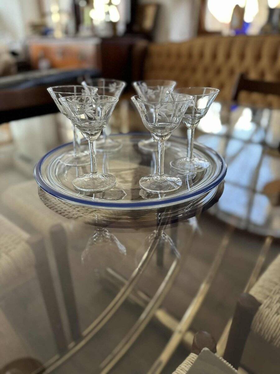 Vintage hand-engraved crystal glasses, 1940s, set of 6