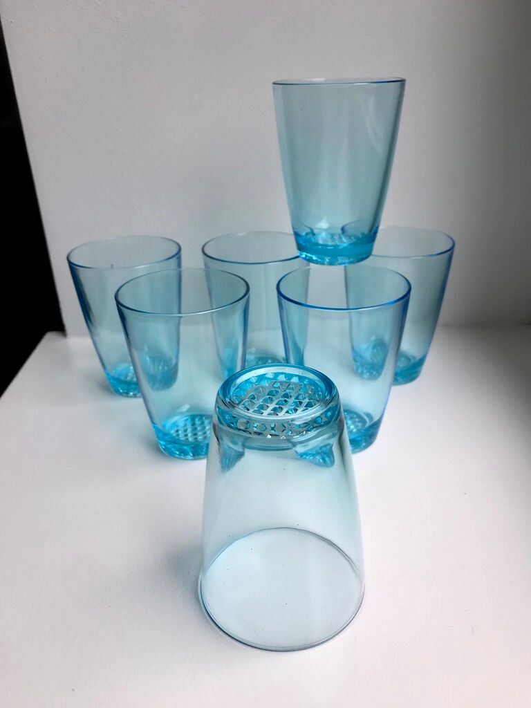 Set of 7 water glasses Made in France blue glass 70s