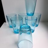 Set of 7 water glasses Made in France blue glass 70s