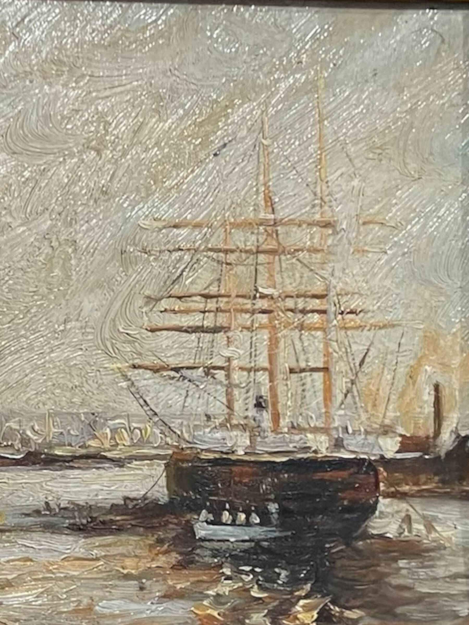 Oil on canvas "bateaux au port" signed e. guilleux