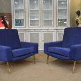 Pair of armchairs and ottoman vintage 1950 in blue velour and brass