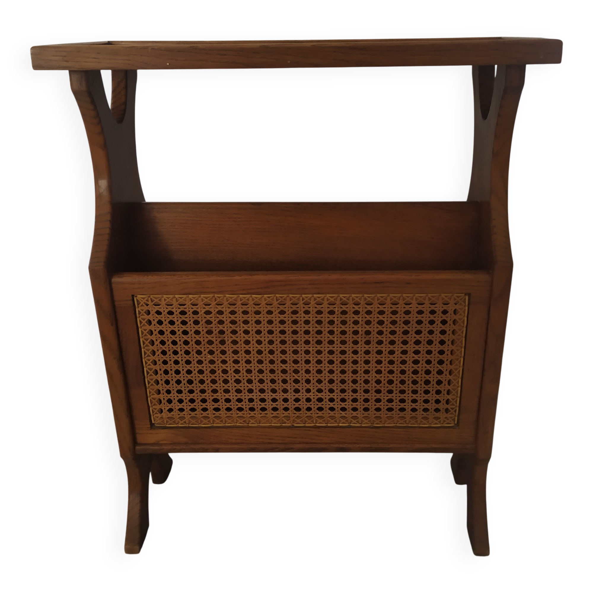 Bout de canapé, porte revue en bois et cannage
