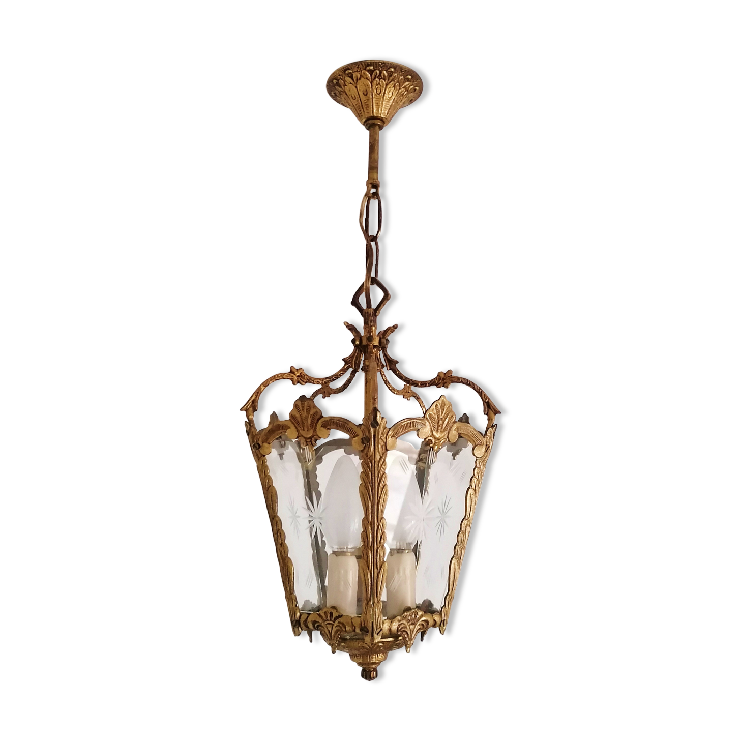 Former Hall Lantern in Golden Bronze - 3 Fires - 5 Chiseled Glass Faces - Early XX th.