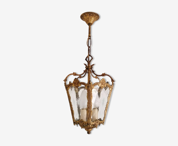 Lanterne de hall en bronze doré 3 feux 5 faces en verre ciselé - début xx  ème. | Selency