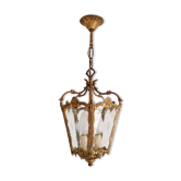 Lanterne de hall en bronze doré 3 feux 5 faces en verre ciselé - début xx ème.