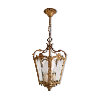 Lanterne de hall en bronze doré 3 feux 5 faces en verre ciselé - début xx ème.