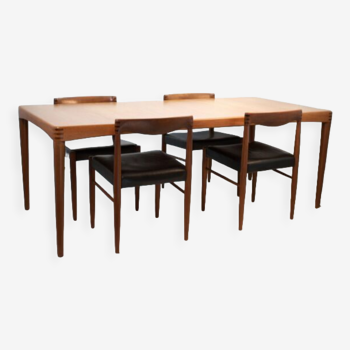 Table and 5 chairs, Scandinavian extendable dining room in teak and rosewood by HW Klein for