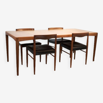 Table et 5 chaises, salle à manger scandinave extensible en teck et palissandre par H.W. Klein pour