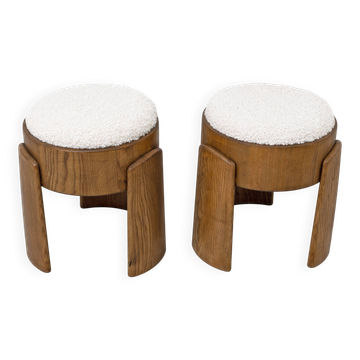 Pair of Art Deco Style Ash Wood Stools Upholstered in White Bouclé