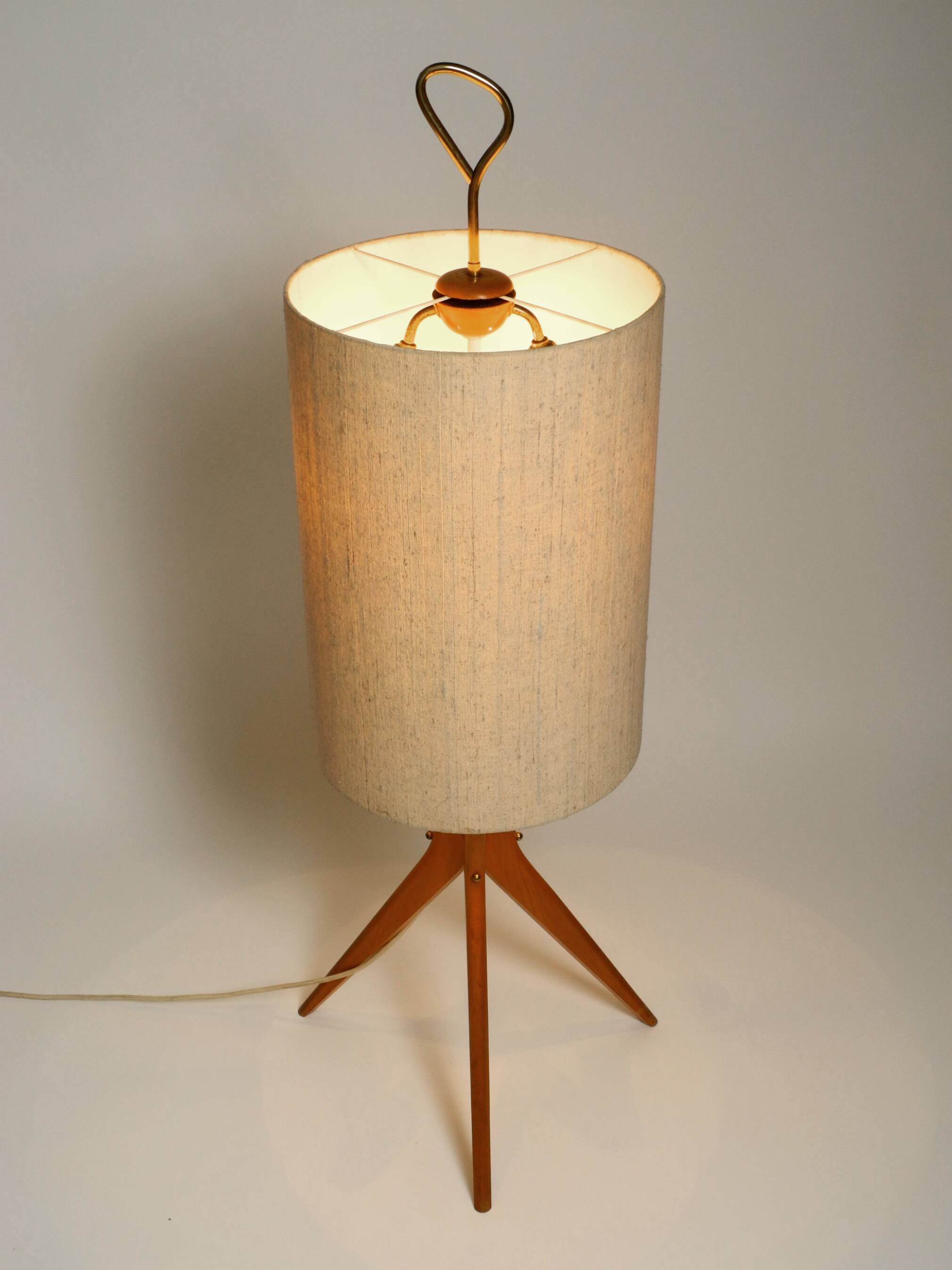 Mid Century Modern tripod walnut wood floor lamp with large fabric shade