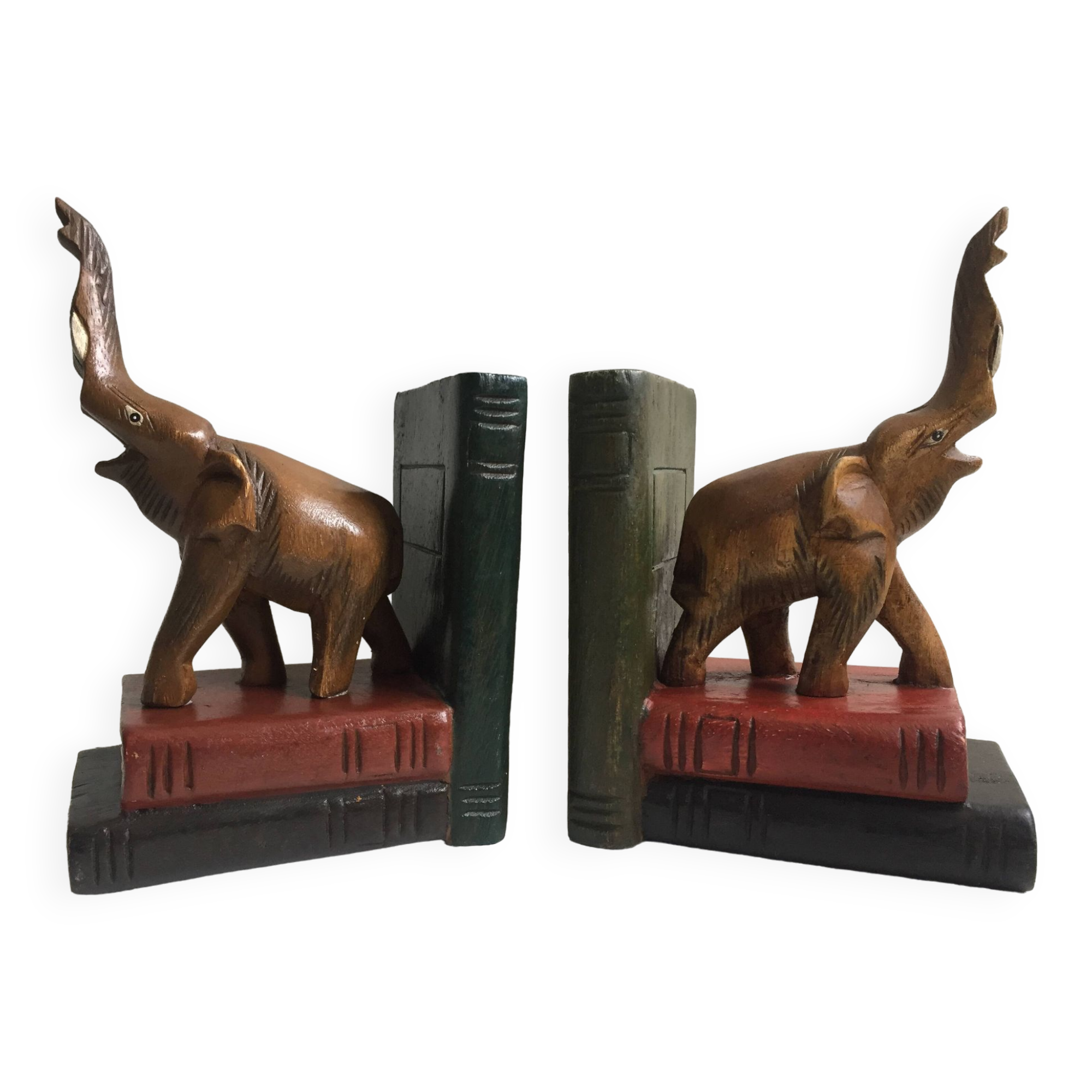 Pair of vintage carved wooden elephant bookends
