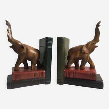 Pair of vintage carved wooden elephant bookends