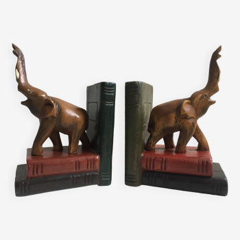 Paire de serre-livres vintage éléphants en bois sculpté