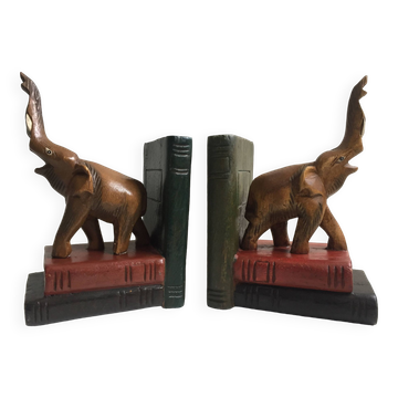 Pair of vintage carved wooden elephant bookends