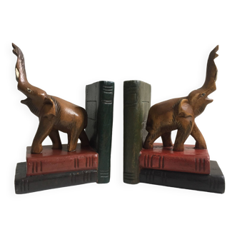 Pair of vintage carved wooden elephant bookends