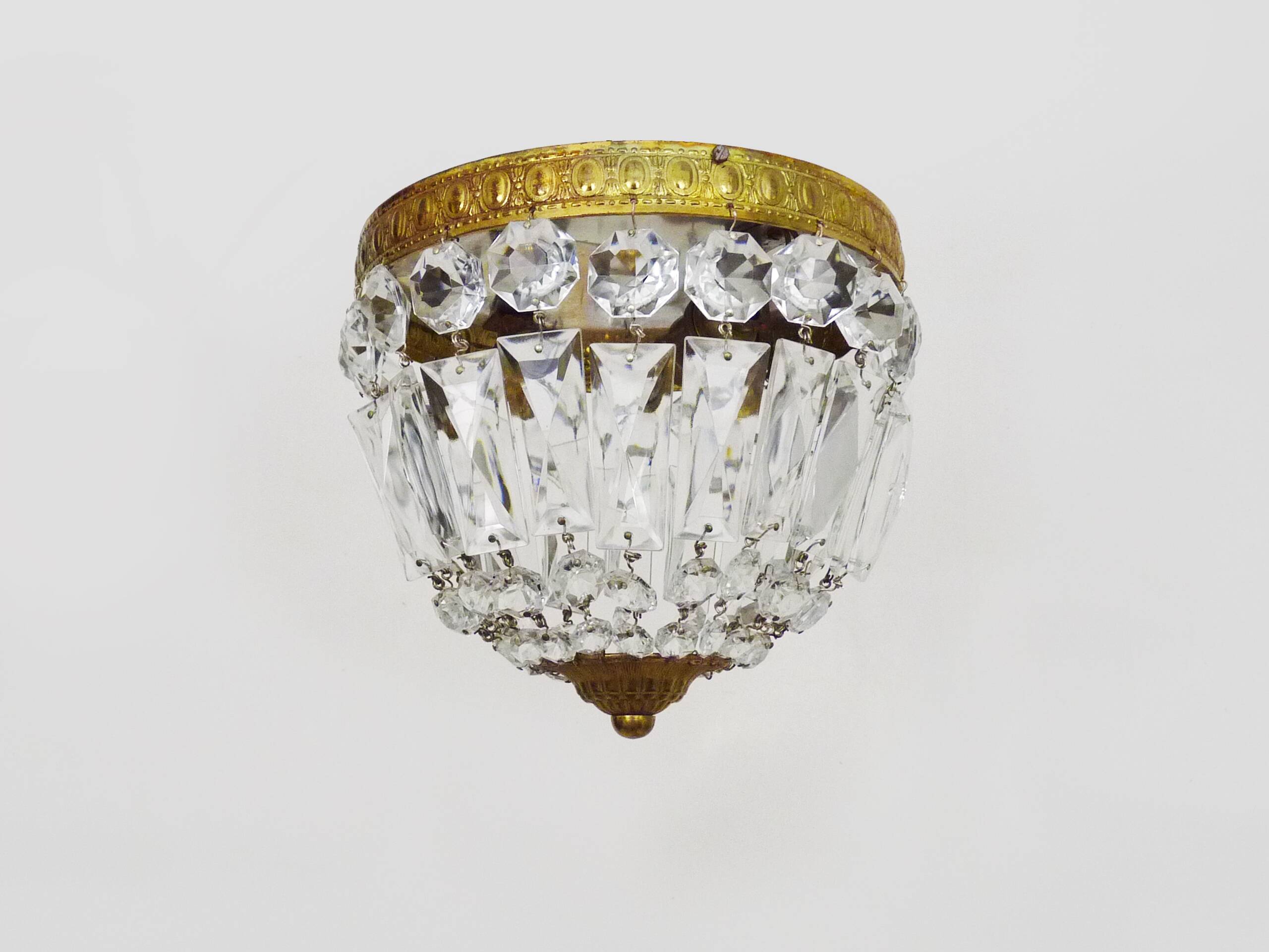 Old crown ceiling light with 2 bulbs, half basket with glass pendants.