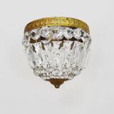 Old crown ceiling light with 2 bulbs, half basket with glass pendants.